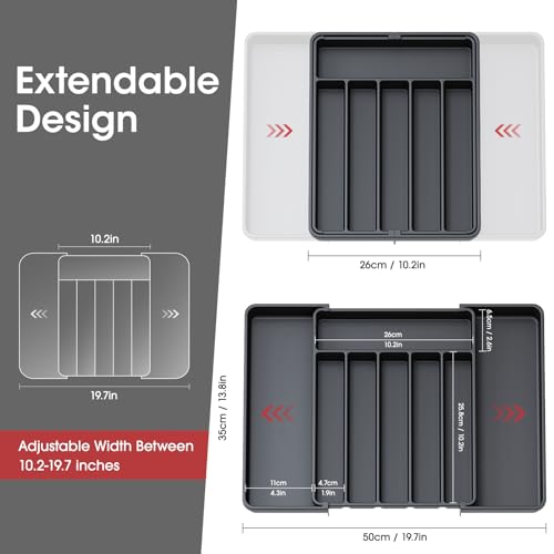 Aujen Silverware Organizer - Expandable Kitchen Drawer Organizer, Adjustable Utensil Organizer, Cutlery Tray for Forks, Knives, Multipurpose Kitchen Organizers and Storage Solution, Black, Large - color: Black, size: Large