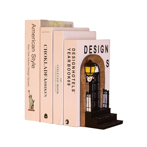 1 Pcs Unique Book End with Lighted Lantern, Vintage Decorative Book Ends for Shelves, Funky Book Holder, Rustic Book Stopper for Home, Office, and LOTR Bookshelf Decor (A)
