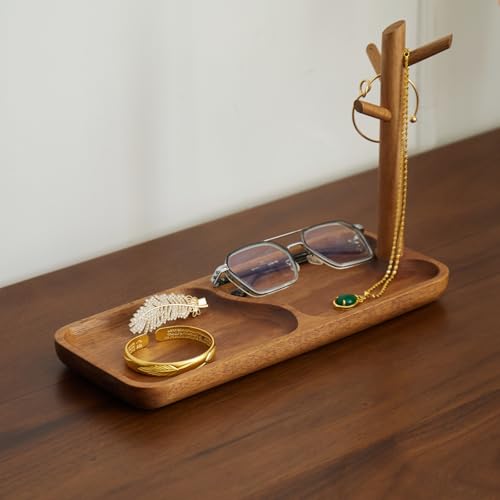 Solid Acacia Wood Key Tray and Bowl for Entryway Table - Jewelry Tray With 3 Hooks, Open Storage for Wallet, Glasses, Watches, Lipstick (Acacia, Rectangle) - color: Acacia, size: Rectangle