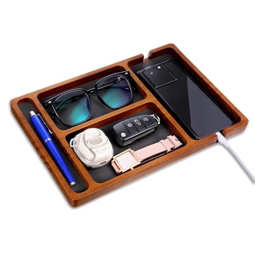 Sandalwood Wooden Valet Trays, Wood Nightstand Desk Organizer with Leather Inlay EDC Essentials Catch All Tray for Keys, Phone, Jewelry, Watch,Glasses (11.6 x 7.9 x 0.8 Inch)
