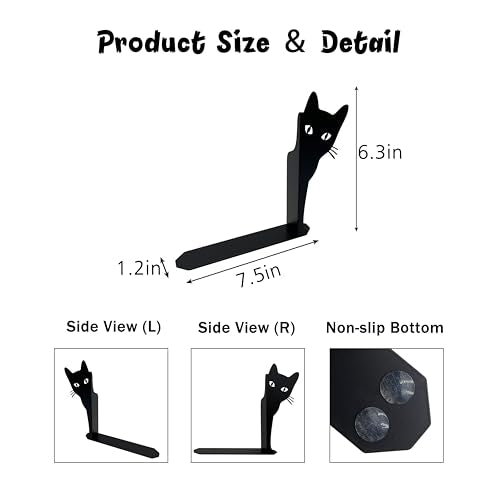 Peeping Cat Metal Bookends Cute Cat Book Ends for Shelves Bookshelf Decorative Objects Home Office Desk Bookshelf Decor Cat Lover Gifts for Women (Black)