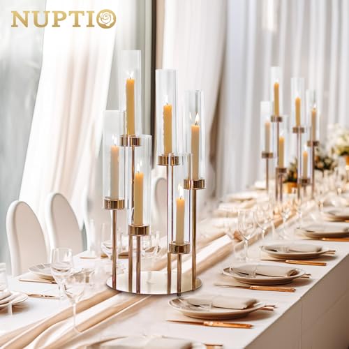 NUPTIO Hurricane Glass Candle Holders: 6 Arms Gold Metal Candlestick Candelabra with Removable Clear Cylinder Sleeve 24 inch Tall Candelabras Large Taper Holder for Outdoor Wedding Table Centerpiece - size: 1 Pc