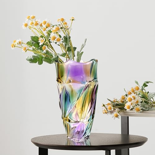 9 Inch Height Glass Flower Vase, Elegant Purple Spiral Twist Design, Heavy Base, Modern Art Decor with Diagonal Pattern for Home Centerpiece
