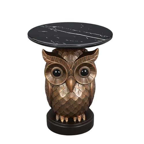 Luxurious Owl Side Table - 20" Premium Faux Marble Top Accent Table with Hand-Detailed Resin Owl Statue Base - High-End Round End Table for Study, Library, Nightstand - Tool-Free - color: Iron Owl
