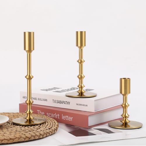 Gold Candle Holders, Modern Taper Candle Holders for Table Mantel Dining Wedding Home Decor, Brass Candlestick Holders Set of 3