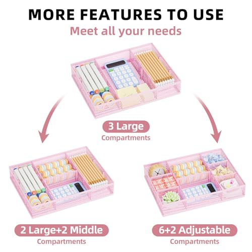 Marbrasse 2 Pack Desk Drawer Organizer, Mesh Drawer Organizer Tray with 8 Adjustable Compartments, Desk Organizers and Accessories, 5 Dividers Drawer for Office Supplies, Makeup & Vanity (Pink) - color: Pink