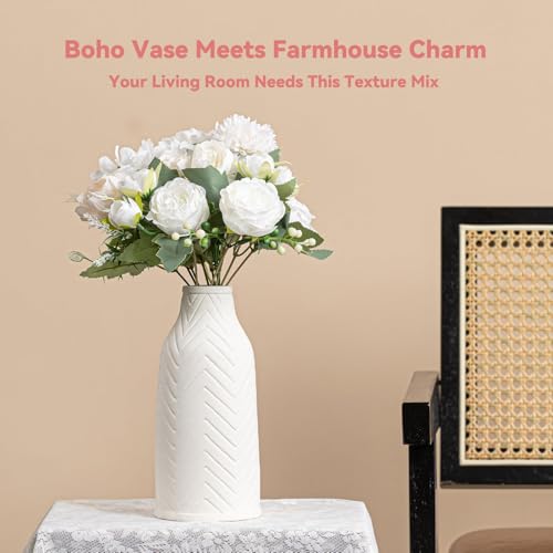 Modern Matte White Ceramic Vase 8.6", Chevron Texture Vase for Pampas Grass, Boho Farmhouse Decor for Living Room Office, Unique Gift for Minimalists & Friends - color: Chevron Texture