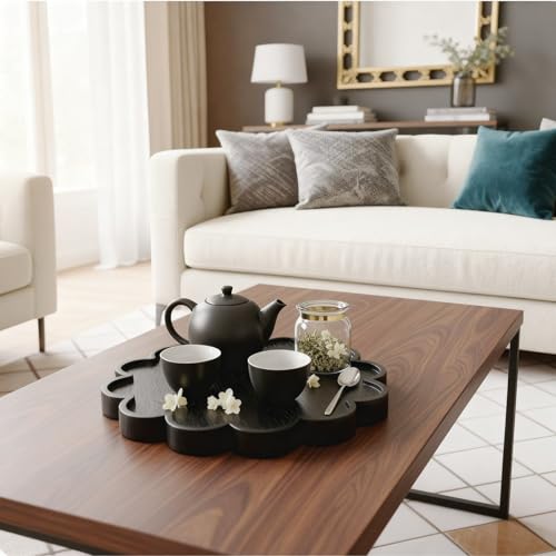 BreezeHug Black Decorative Serving Tray Wood 12.6 Inch Scalloped Serving Tray Round Wooden Display Plate with Scalloped Borders for Coffee Table Living Room Bedroom Entryway Decoration - color: Black