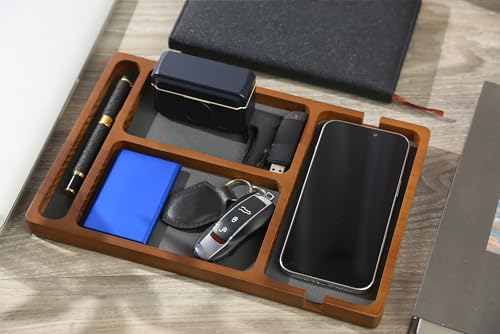 Shinpuru Wooden Valet Tray for Men, Nightstand Organizer with Leather Inlay, EDC Essentials Catchall Tray for Keys, Phone, Wallet, Watch, Earbuds - Bedside Desk Entryway Tray (Wood-Pen) - color: Brown-P