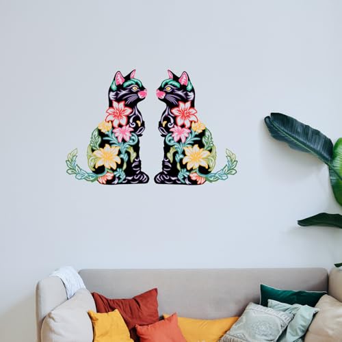 RESACO 2 Pieces Cat Wall Art Decor Iron Wall Sculptures Decor for Cats Lover Floral Cat Design for Home Living Room Bedroom Kitchen Office