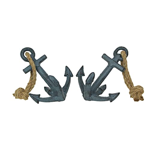 Set of 2 Blue Cast Iron Boat Anchor Bookends: Nautical Home Decor Sculptures Standing 4.75 Inches High, Perfect for Adding Maritime Charm to Your Bookshelves - color: Anchor - Blue