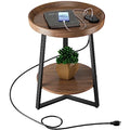 Gadroad Round End Table with Charging Station, USB Ports, Wood Tabletop & Black Metal Frame, 2-Tier Side Table for Living Room, Bedroom, Brown 15.7 * 15.7 * 23.0inches - color: Brown, style: with Charging Station