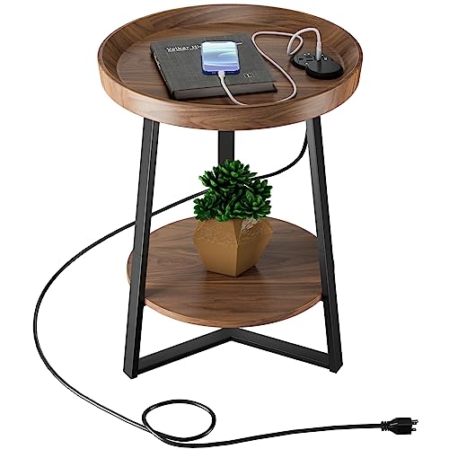 Gadroad Round End Table with Charging Station, USB Ports, Wood Tabletop & Black Metal Frame, 2-Tier Side Table for Living Room, Bedroom, Brown 15.7 * 15.7 * 23.0inches - color: Brown, style: with Charging Station