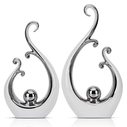 LCCCK Glossy White and Silver Decor Ceramic Statue, Modern Abstract Sculpture Art for Luxury Centerpiece - Shelves Bookshelf&Dining Table Decorations, Entryway Coffee Table Tv Stand Home Decor - color: White Silver