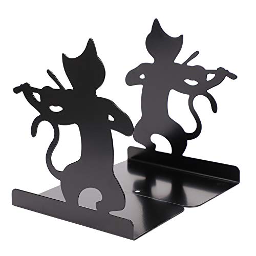 Decorative Art Bookends Cute Cat Playing Music Nonslip Book Ends Supports Books Organizer Heavy Duty Iron Book Stands Stoppers Office School Library Animal Music Note Black Metal Books Holders Racks - color: Violin Cat