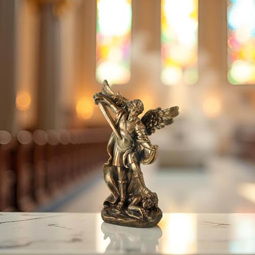 St. Michael The Archangel Statue – Bronze Resin Religious Figurine Depicting Saint Michael Defeating Evil – Christian Catholic Angel Sculpture for Home, Office, and Prayer Decor - size: 3.54 × 1.65 × 5.32 inches