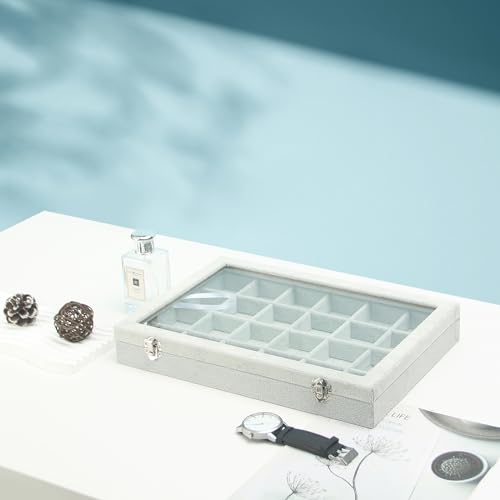Coward Jewelry Organizer Tray Box, 24 Grids Ring Earring Chain Bracelet Necklace Jewelry Bead Display Holder Tray Case with Transparent Glass Lid for Home Drawer or Shop Selling - color: Grey Beige Velvet, size: 24Grids Box