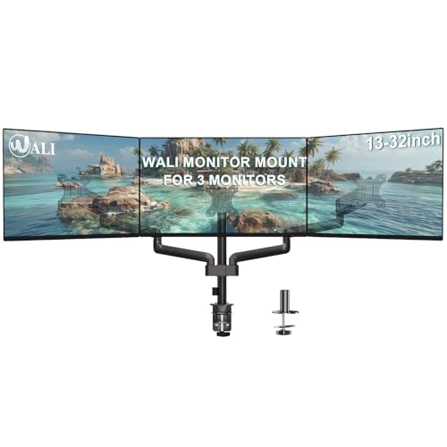 WALI Triple Monitor Mount for 13-32 inch Screens, Adjustable 3 Monitors Desk Mount with Swivel, Tilt, Clamp & Grommet Kit, Triple Monitor Stand for Desk, VESA 75x75/100x100mm (GSDM003), Black - size: 13"-32", style: Triple Arms