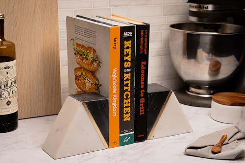 Cork & Mill Marble Book Ends for Shelves, Decorative Bookends for Heavy Books, Unique Mid Century Modern Gray and White Bookends with Brass Inlay, Heavy Duty Bookshelf Stopper, Set of 2 - color: White / Grey + Brass