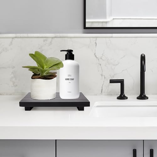Renawe Black Bathroom Counter Organizer Wooden Display Pedesta Stand Kitchen Countertop Trays Farmhouse Wood Riser Dish Soap Dispenser Holder for Bathroom Decor Kitchen Sink Accessories Vanity Tray - color: Black, size: 10x6 inch