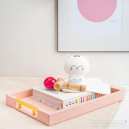 Home Redefined Modern Elegant 17.5"x12" Rectangle Baby Pink Tray Glossy Shagreen Faux Leather Decorative Ottoman Coffee Table Perfume Dresser Kitchen Serving Tray with Gold Polished Metal Handles. - color: Baby Pink & Gold