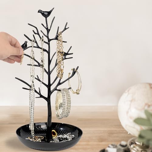 ChezMax Jewelry Display Necklace Earring Organizer Holder Metal Birds Tree Stand with Tray Antique Bracelet Rings Rack Tower Decoration for Women Girl Black 11.8 Inch - color: B-Metal Black