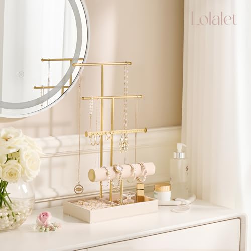 Lolalet Jewelry Holder Tree with Velvet Tray, 4 Tiers Necklace Display Stand Rack with Ring Slots Organizer for Earrings Bracelets Bangles Ring, Valentine's Day Gift -Beige - color: Beige