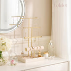 Lolalet Jewelry Holder Tree with Velvet Tray, 4 Tiers Necklace Display Stand Rack with Ring Slots Organizer for Earrings Bracelets Bangles Ring, Valentine's Day Gift -Beige - color: Beige