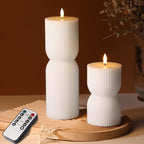 White Ribbed Flameless Pillar Candles with Remote, Real Wax Flickering Battery LED Candles Set of 2 - color: White