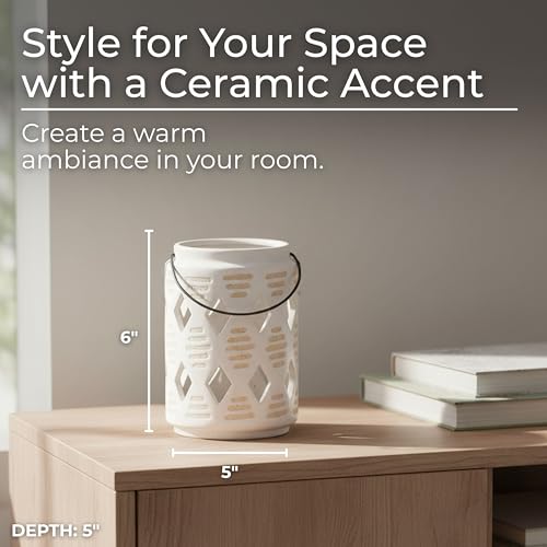 Ceramic Lantern Candle Holder with Diamond Cut Out Design - Casual Pillar Candlestick Holder for Indoor and Outdoor Decor - Stylish Centerpieces for Table or Entryway Accent - 6", Ivory & Tan