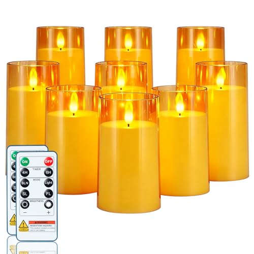Homemory Amber Flickering Flameless Candles, Battery Operated Acrylic LED Pillar Candles with Remote Control and Timer, Fall Candles, Set of 9 - color: Amber, 9Pack