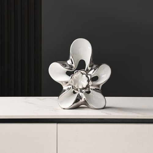 Ceramic Statue Home Decor Aesthetic Abstract Flower Sculpture Modern Decorative Statues for Living Room Bedroom Bookshelf Desktop Dinging Table Centerpiece Office(White and Silver) - color: White and Silver