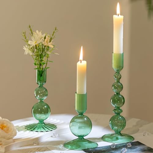 Hewory Glass Candlestick Holders Set: 3PCS Green Candle Holder Taper Candle Holders Bulk, Crystal Ribbed Candle Sticks Holder Decor for Table Centerpiece Wedding Christmas Thanksgiving Dinner - color: Green