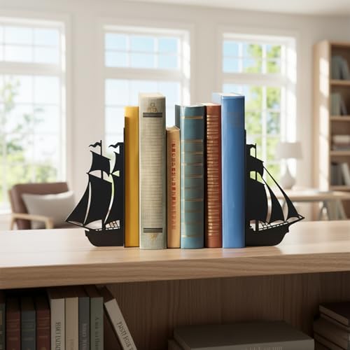 Sailing Metal Bookends, Black Decorative Book Ends for Shelves, Nonskid Book Holder Stand, Home Office Decor, Set of 2 - color: Sailing