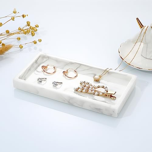 Emibele Bathroom Vanity Tray, Small 8" Rectangular Resin Kitchen Soap Dresser Jewelry Dish Tray Bathroom Countertop Organizer Tray for Cosmetic Perfume Candle, Mini, Ink White - color: Ink White, size: 7.7" x 3.9" x 0.8"