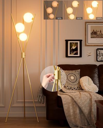 3 Globe Dimmable Tripod Floor Lamp, Mid Century Standing Lamps with 3Pcs 3000K Bulbs Included, Modern Tall Lamp for Living Room Bedroom Office-Gold - color: 3 Globe-Gold Tripod