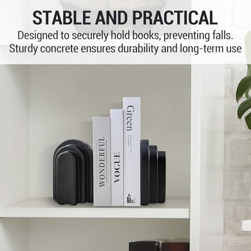 MyGift Black Concrete Bookends Decorative Arch Design, Book Ends for Heavy Books, Book Stopper for Shelves, Minimalist Home and Office Organizer, Modern Art Decor, 1 Pair