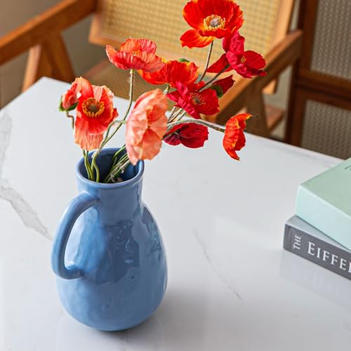 Blue Ceramic Vase with Handle, Pitcher Vases for Modern Farmhouse Home Decor, Small Pottery Flower Jug for Living Room Bedroom Kitchen Office Shelf Decor Centerpiece Table Decoration - color: Blue Pitcher Vase