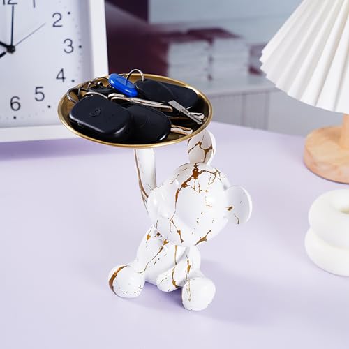 Bear Statue Resin Graffiti Animal Sculpture for Home, Office Decor, Abstract Design for Birthday, Anniversary and Gift Present (WhiteGold Tray) - color: Whitegold Tray