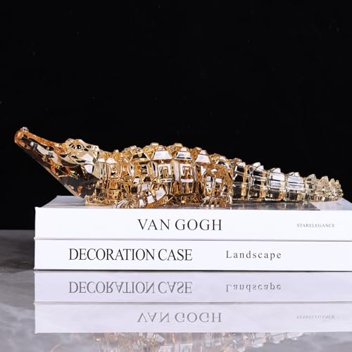 Acrylic Alligator Statue – Clear Crystal Glass Style Crocodile Figurine, Modern Luxury Art Collectible Sculpture for Living Room, Home and Office Table Decor & Housewarming Gift (Gold) - color: Gold