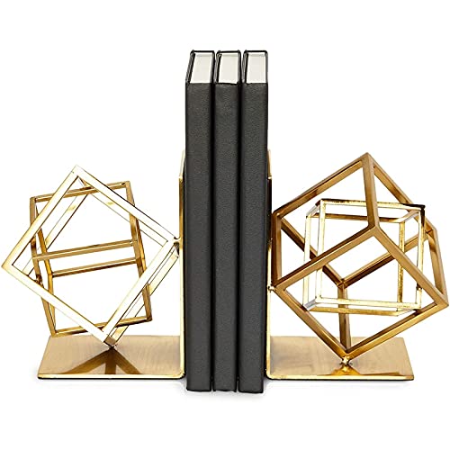 Juvale Gold Bookends - Heavy-Duty Metal Book Ends for Bookshelf Decor - Geometric Square Style for Decorative Books Display for Coffee Table & End Table Decor - 5 x 6 x 3 in, Pack of 2