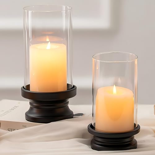 NUPTIO Hurricane Glass Candle Holder: Set of 2 Black Pillar Candle Holders with Glass Cylinder - Metal Pillars Candleholder for Halloween Thanksgiving Fireplace Living Room Decor - color: Black