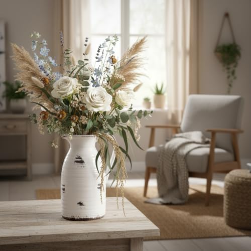hjn Farmhouse Pitcher Vase for Flowers- Ceramic Pitcher Vase Decrative Pitchers for Your Kitchen/Home Decor/Office/Living Room/Bookshelf/Mantel/-White and Antique - color: White and Qntique Pitcher Vase