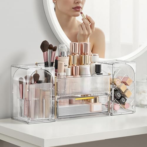 INVSSENE Stackable Makeup Organizer Countertop, Storage Perfume Skincare Cosmetic Lipstick Face Mask Makeup Brush Palettes, Ideal for Vanity Bathroom Counter - color: 3516 Clear