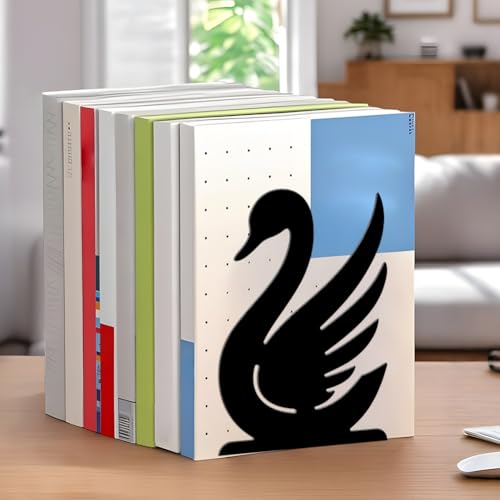 WADORN 1 Pair Swan Metal Decorative Bookend for Shelves, Heavy Duty Book Ends Modern Non-Skid Books Holder Stand Black Book Support Stoppers for Desk Bookshelf Office Home, 5.3x4.3x7.8 Inches - color: Swan