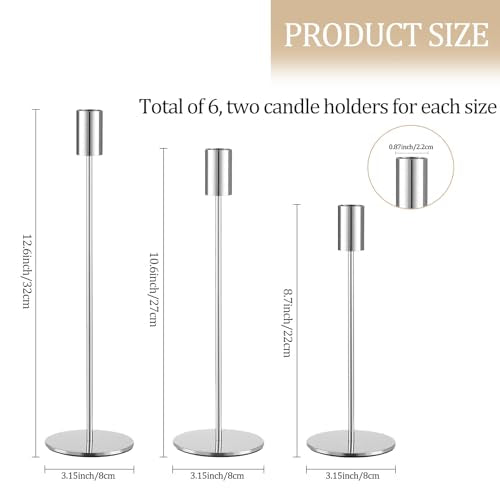 Set of 6 Silver Taper Candle Holders, Metal Silver Candlestick Holders, Tall Candle Holder, Fits 3/4 inch Thick Candle&Led Candles, for Table Centerpiece, Wedding, Dinning, Party Home Decor - color: Silver, size: 6PC
