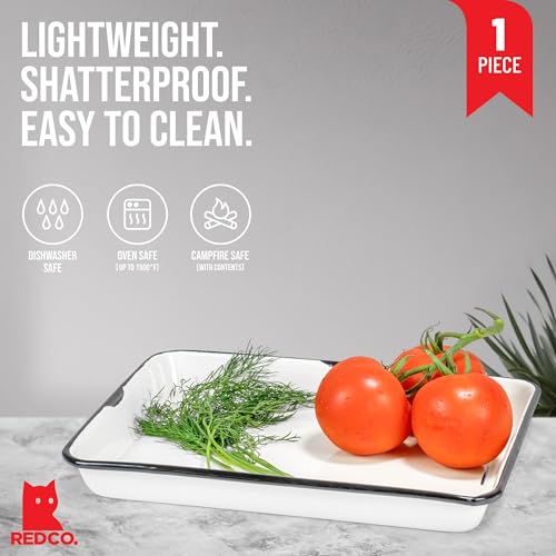 Red Co. 11 x 9 Enamelware Metal Classic 2 Quart Rectangular Serving Tray, Distressed White/Black Rim - color: Distressed White/Black Rim