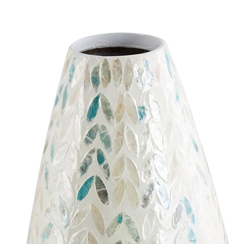 Deco 79 Mother of Pearl Shell Handmade Decorative Vase Tall Mosaic Centerpiece Vase with Blue Accents, Flower Vase for Home Decoration 10" x 10" x 33", Cream - color: Cream, size: 10" x 10" x 33"