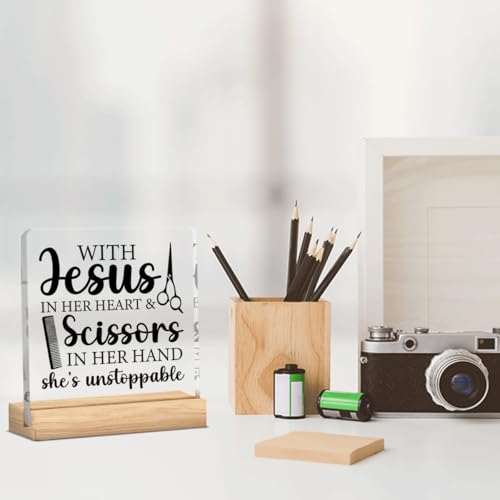 Hairstylist Gif,Hairdresser Gift,Hair Stylist Gifts for Women Her Jesus in Her Heart and Scissors in Her Hand Acrylic Desk Decor Sign with Wood Stand for Hair Salon Barbershop 4 X 4 Inch - color: Jesus