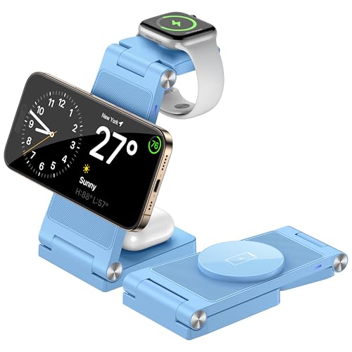 Magnetic Wireless Charger Stand, 3 in 1 Foldable Wireless Charging Station, Travel Charger for Multiple Devices for iPhone 16 15 14 13 12 Series, Apple Watch Ultra/SE/9/8/7/6/5/4/3/2, AirPods - color: Light Blue